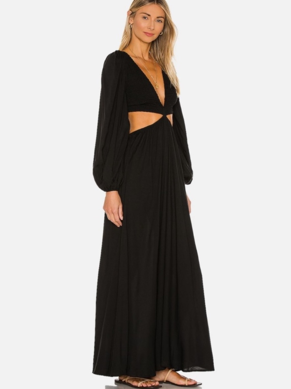 Indah Julie Solid Ruched Bodice Cutaway Maxi Dress Black Small $258 Revolve - Picture 2 of 13